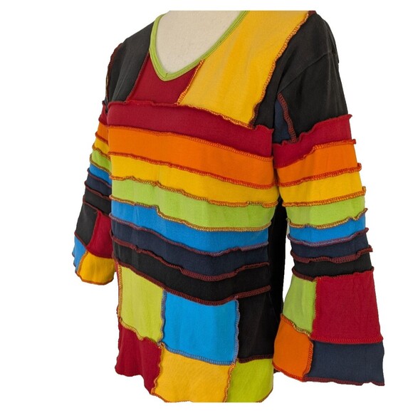 Topaz Pullover Size XL Colorblock Patchwork Nepal Bell Sleeve V-Neck Top - Picture 3 of 7
